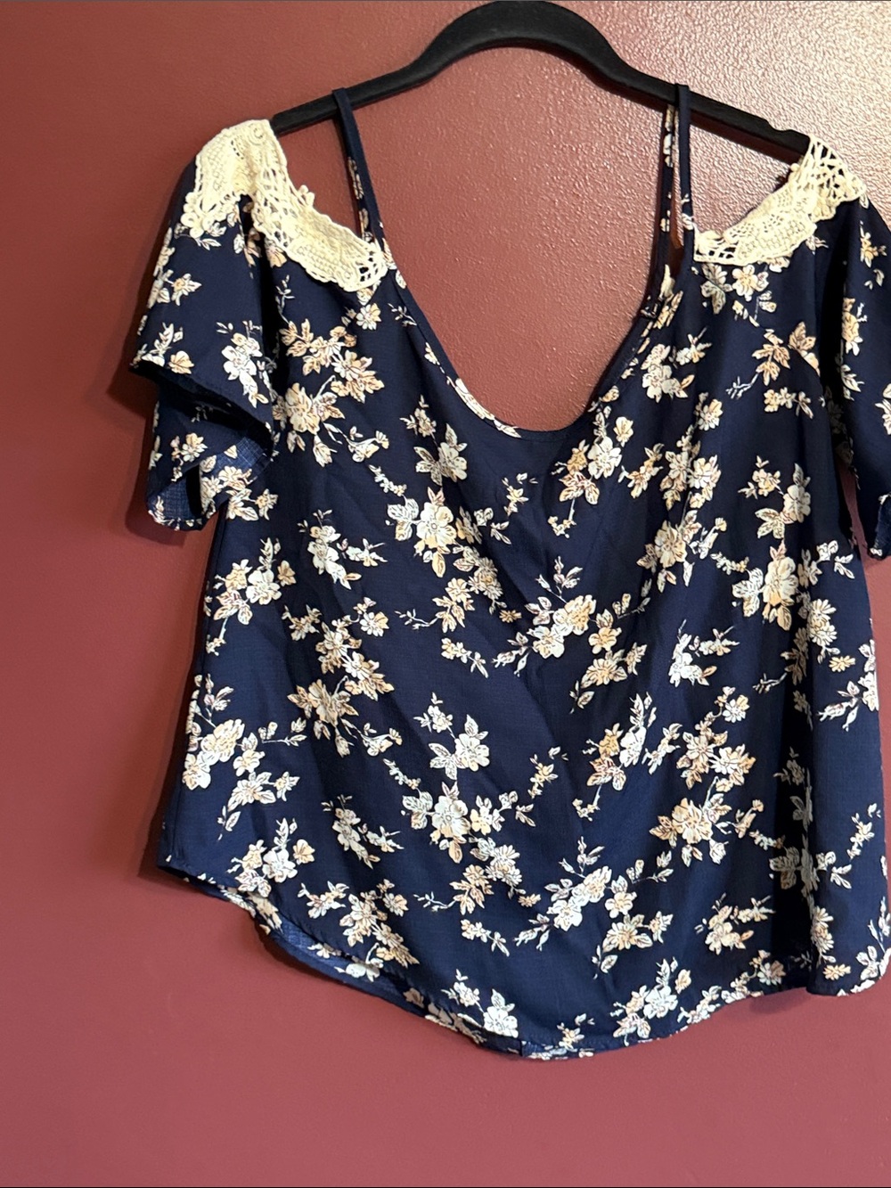 Kaileigh Navy Floral Cold-Shoulder Blouse with Cream Lace Trim